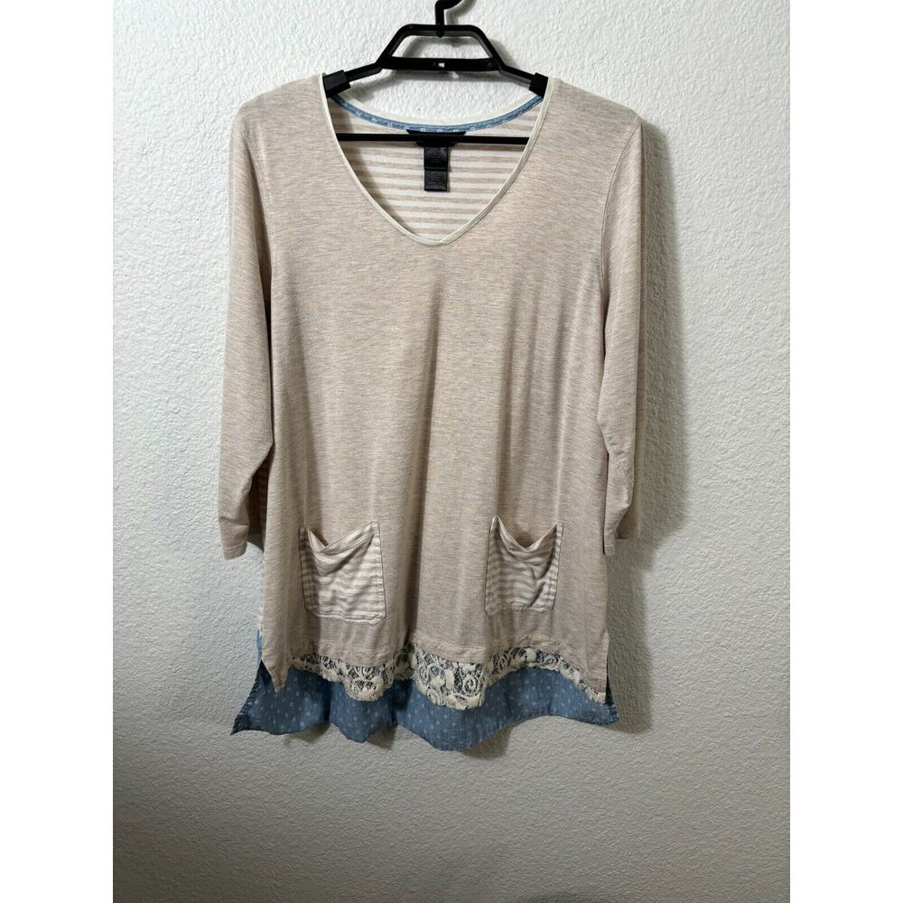 Ali Miles Top Womens Large Beige Striped Rayon Blend 3/4‎ Sleeve VNeck Tunic